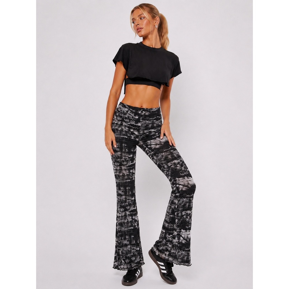 Nasty Gal Black Grey Abstract Grunge Mesh Flare Pants High Rise 6 S